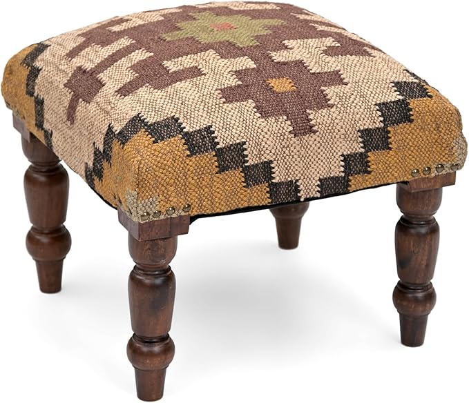 Handmade Jute Soft Ottomans Square Shape Stool for Sitting and Foot Rest with Wooden Legs, Entryway Modern Stool for Living Room, Bedroom, Hall (Yellow, L 15.74 x W 15.74 x H 14 inch)