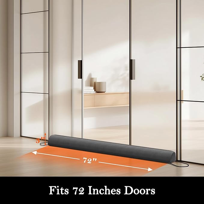Sunolga 72" Door Draft Stopper Blocks Hot Cold Air with Removable Washable Cover for Gaps Up to 3", All-Season Noise and Wind Seal for The Bottom of Door, Grey