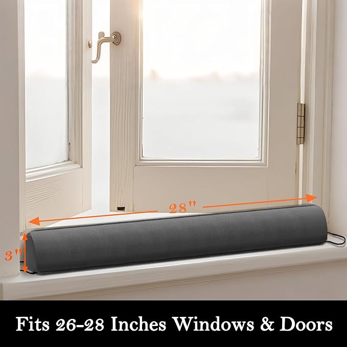 Sunolga 28" Door Draft Stopper Blocks Hot Cold Air with Removable Washable Cover for Gaps Up to 3", All-Season Noise and Wind Seal for The Bottom of Door and Window, Grey