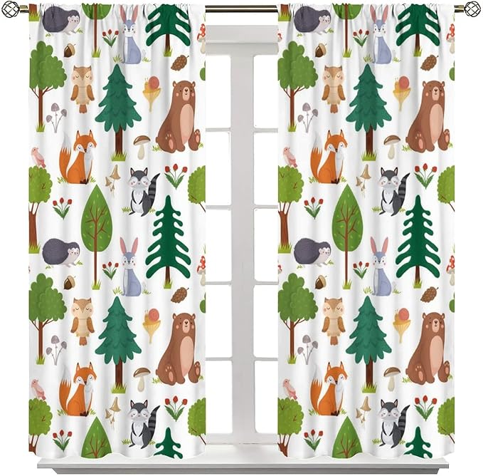 Kids Forest Animals Curtains Woodland Children's Cute Cartoon Funny Nursery Jungle Safari Leaves Nature 2 Panels Window Treatment Set for Living Room Decor 42X54 Inches