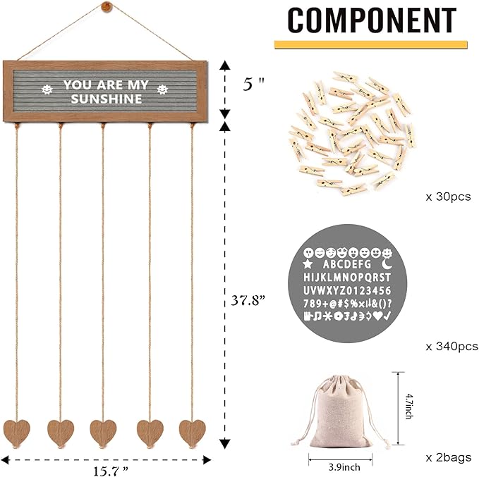 Buecasa Felt Letter Board with 340 Letters and 30 Clips - Rustic Picture Frames Collage Wall Decor Sign - Multi Photos Cards Organizer 15.7x5 Inches (Nature)