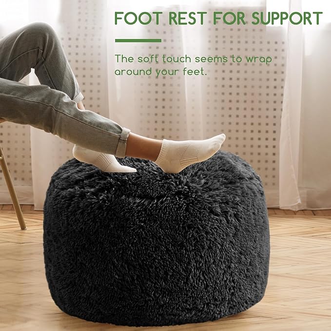 HIGOGOGO Round Stuffed Pouf Ottoman, Long Faux Fur Poufs with Foam Chunk Filling, Fluffy and Furry Pouf Foot Stool Storage Ottoman, 26 X 18 Floor Poufs Foot Rest for Living Room, Black