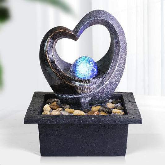 Ferrisland Tabletop Water Fountain, Zen Meditation Indoor Waterfall Fountain, Heart Shape Decoration with LED Light for Home Office Bedroom Relaxation Decor, Gift Ideas
