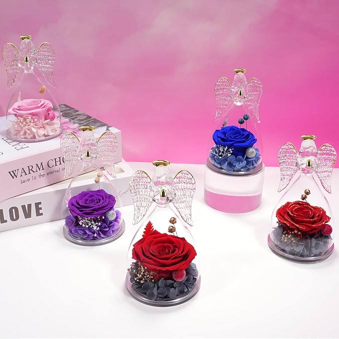 Yamonic Mom Birthday Gifts for Mom, Angel Figurines with Real Rose Gifts for Her Mom Grandma,Preserved Flowers Rose Angel Figurines for Mothers Day Christmas Anniversary Birthday Gifts for Her (Pink)