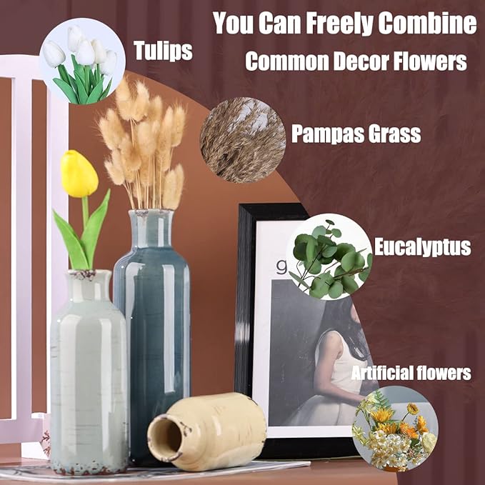 Multicolor Ceramic Vase Set of 3 - Coastal Rustic Farmhouse Decor Flower Vases for Shelf, Dining Room Table, Fireplace Mantel, Living Room, Coffee Table, Tabletop, Kitchen Cabinet, Entryway Decoration