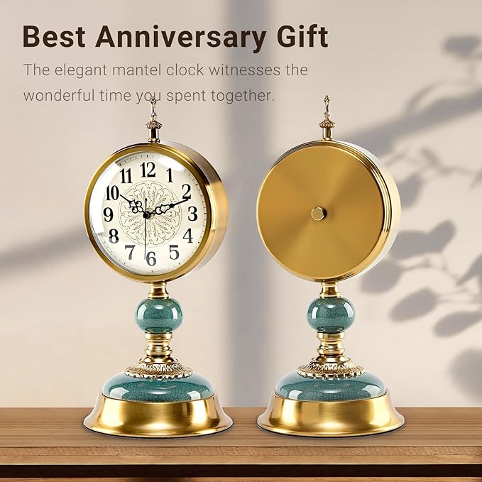 6-Inch Vintage Mantel Clock, Antique Desk Clock, Retro Anniversary Clock with Metal and Ceramic Body, Silent Table Clocks for Fireplace,Easy to Read DéCor Clocks for Living Room.