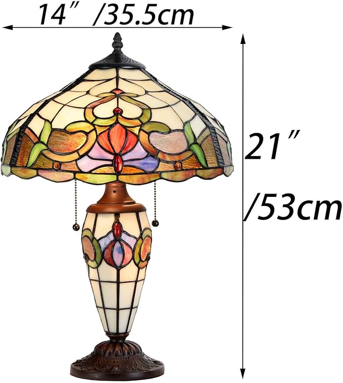 Bieye L10800 Baroque Tiffany Style Stained Glass Table Lamp with Lit Base for Bedside Living Room Bedroom, 14" W x 21" H