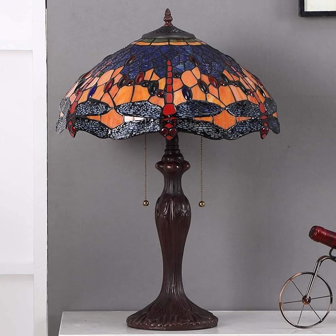 Bieye L10690 Dragonfly Tiffany Style Stained Glass Table Lamp with 16 Inch Wide Complex Design Lampshade and Metal Base, Orange Blue, 16"W x 24"H