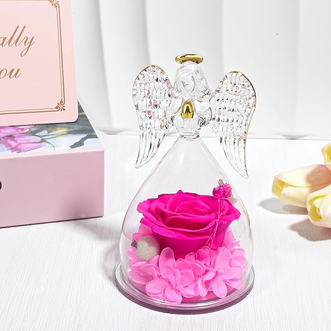 Yamonic Birthday Gifts for Mom,Christmas Angel Figurines with Real Rose Gifts for Her Mom Grandma,Preserved Flowers Rose Glass Angel Figurine for Mothers Day Christmas Birthday Gifts for Her(Hotpink)