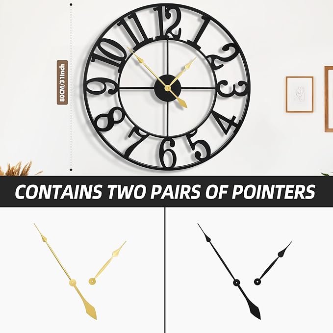 Large Wall Clocks for Living Room Decor, 32 Inch Round Black Metal Silent Non Ticking Battery Operated Jumbo Numerals Modern Vintage Decorative Clock Wall for Bedroom,Kitchen,Office,Farmhouse