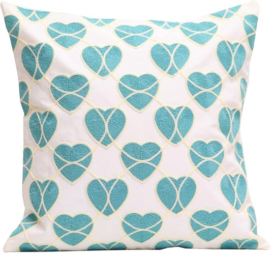 1 PCS Embroidered Throw Pillow Cover Home Decoration Cotton Decorative Square Cushion Cases for Home Sofa Bed and Chair 18 x 18 Inch (Sky Blue)