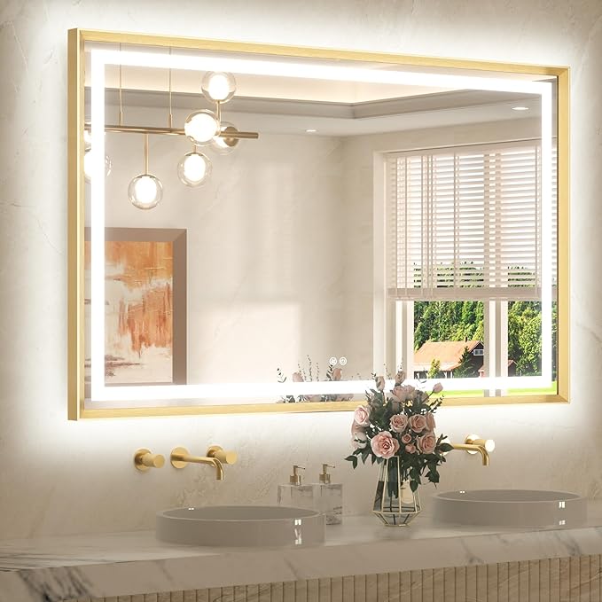 TETOTE 55 x 36 Bathroom LED Mirror Brushed Gold Metal Frame Frontlit & Backlit Vanity Mirror Stepless Dimmable Anti-Fog 3 Colors White/Warm/Natural Light up Vanity Wall-Mounted