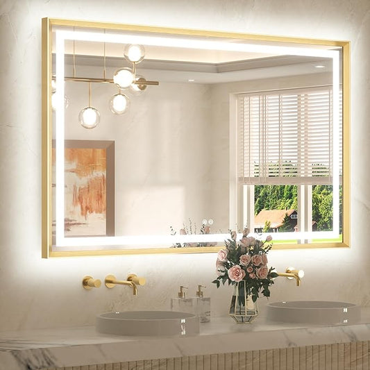 TETOTE 55 x 36 Bathroom LED Mirror Brushed Gold Metal Frame Frontlit & Backlit Vanity Mirror Stepless Dimmable Anti-Fog 3 Colors White/Warm/Natural Light up Vanity Wall-Mounted