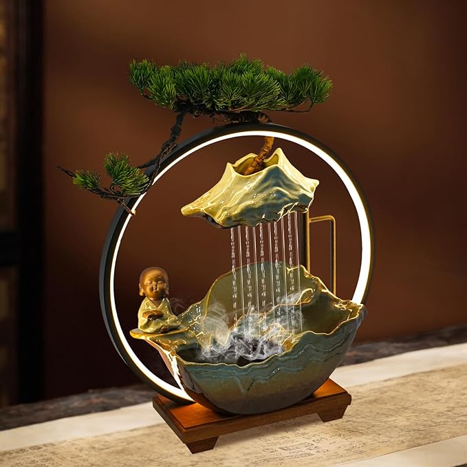 Ceramic Tabletop Fountain with Wood Stand, Indoor Waterfall Feature for Home Office Desk,Desktop Water Fountain Asian Zen Decor with LED Light for Relaxation