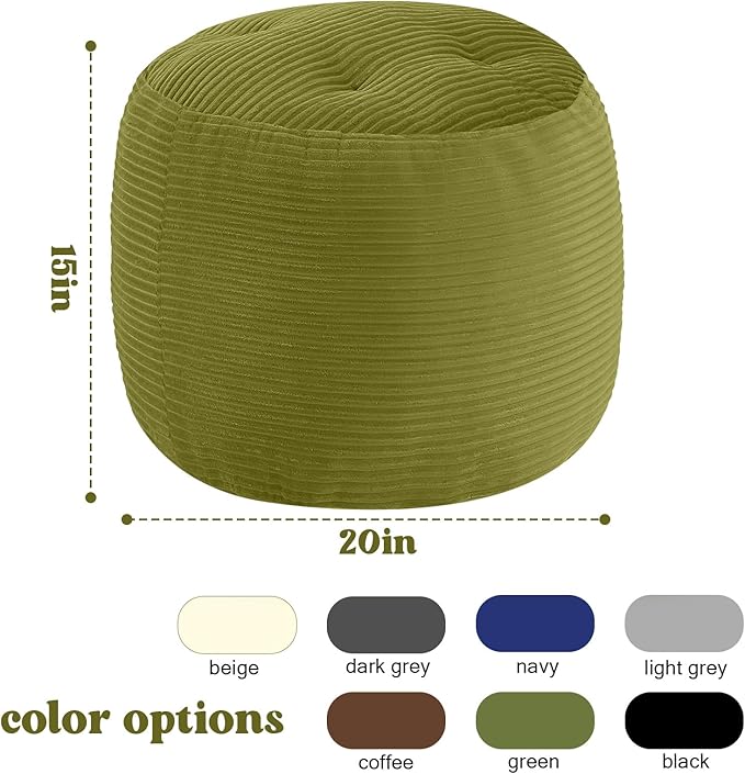 MeMoreCool Stuffed Round Pouf Ottoman Foot Rest, Floor Pouf Foot Stool with Soft Foam Chunk Filling, Round Small Ottoman Footstool Circle Footrest for Couch Living Room, Corduroy Green