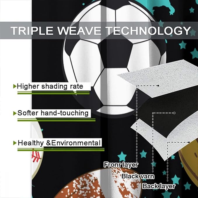 JESTRONRY Sport Window Curtains,Abstract Basketball Football Soccer Rugby Baseball Sports Theme Home Fabric Living Room Kids Boys Girls Teens Bedroom Home Decor Blackout Drapes W63xL72in