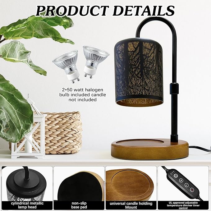 Candles Warmer with Timer and Dimmer, Adjustable Height Candle Melter, Electric Wax Warmer Vintage Home Decor for Jar Candles,2 Bulbs，Black