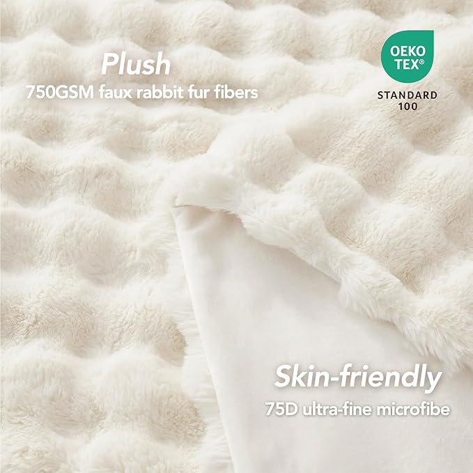 L'AGRATY Faux Fur Throw Blanket: 50" x 60" Luxury Soft Fluffy Thick Rabbit Fur Blankets for Couch Bed Sofa - Cozy Plush Bubble Blankets for Winter: Warm Flannel Fleece Decorative Blanket(Cream White)