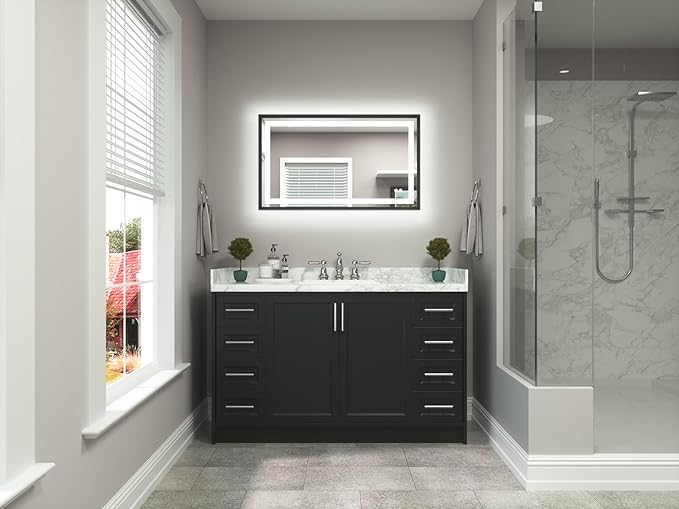 TETOTE Led Bathroom Mirror 40 x 24 with Brushed Black Frame Anti-Fog Frontlit & Backlit Vanity Mirror Stepless Dimmable Lighted Mirrors for Bathroom Wall 3 Colors White/Warm/Natural Wall-Mounted