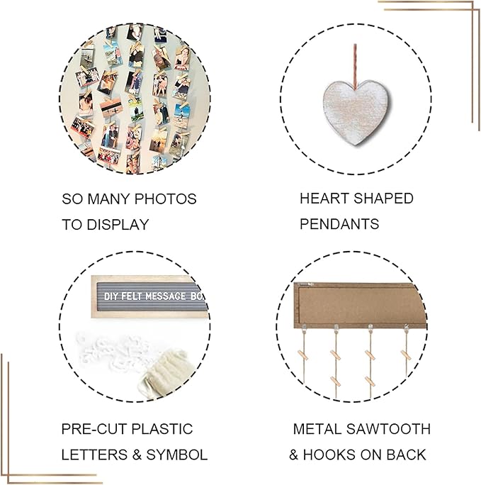 Buecasa Slotted Felt Board with 340 Letters and 30 Clips - Rustic Picture Frames Collage Wall Decor Sign - Multi Photos Cards Organizer 15.7x5 Inches (White)