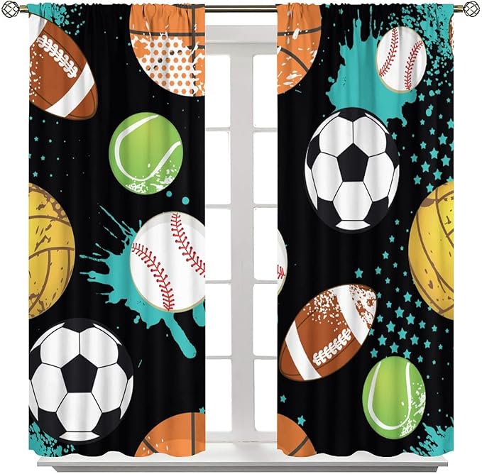 JESTRONRY Sport Window Curtains,Abstract Basketball Football Soccer Rugby Baseball Sports Theme Home Fabric Living Room Kids Boys Girls Teens Bedroom Home Decor Blackout Drapes W42xL63in