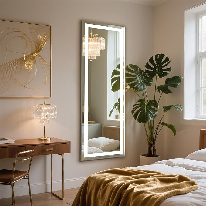 Kosmonia 66x22 Frameless Full Length Mirror, Dimmable 3 Color LED Light w/Memory Function, Distortion Free, HD Reflection & Anti Desilvering, Tempered Glass & Shatter Proof Film Doubling Safety