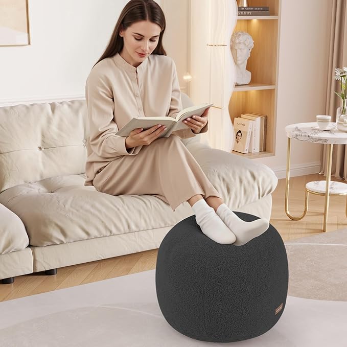 MeMoreCool Stuffed Round Pouf Ottoman Foot Rest, Floor Pouf Foot Stool with Soft Foam Chunk Filling, Small Round Ottoman Footstool Circle Footrest for Living Room, Dark Grey