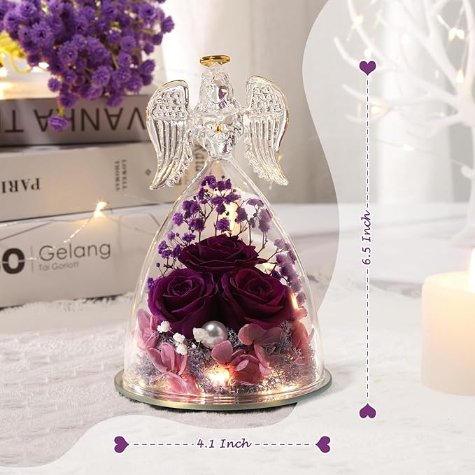ANWEAO Mothers Day Flower Gifts for Mom,Angel Rose Gifts for Women,Glass Angel Figurine with Preserved Three Purple Roses,Forever Flowers Mothers Day Birthday Gifts for Women Mom Grandma Wife Her
