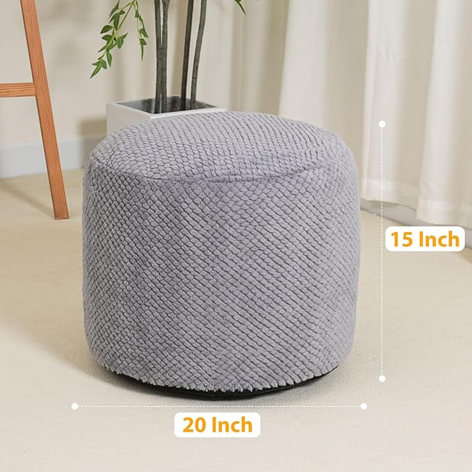 Round Stuffed Pouf Ottoman for Foot Rest, Faux Fur Poufs with Foam Chunk Filling, Storage Ottoman Pouf Foot Stool Cushion Poufs, 20 X 15 Inch Floor Chair for Living Room Bedroom Home Decor, Gray