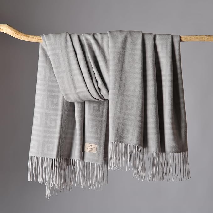 CUDDLE DREAMS Premium Cashmere Throw Blanket with Fringe, Luxuriously Soft (Greek Key)