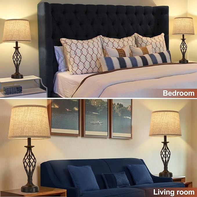 Table Lamp for Bedroom Set of 2 with USB C+A Ports, Modern Bedside Lamps with Spiral Cage Base, Fabric Shade, Nightstand Lamp for Living Room Reading Bed Side End Table, 2 LED Bulbs Included Black
