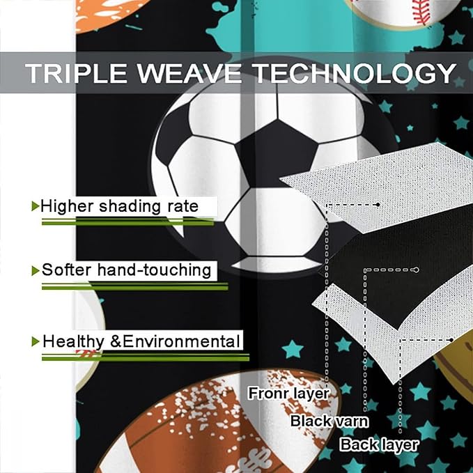 JESTRONRY Sport Window Curtains,Abstract Basketball Football Soccer Rugby Baseball Sports Theme Home Fabric Living Room Kids Boys Girls Teens Bedroom Home Decor Blackout Drapes W72xL63in