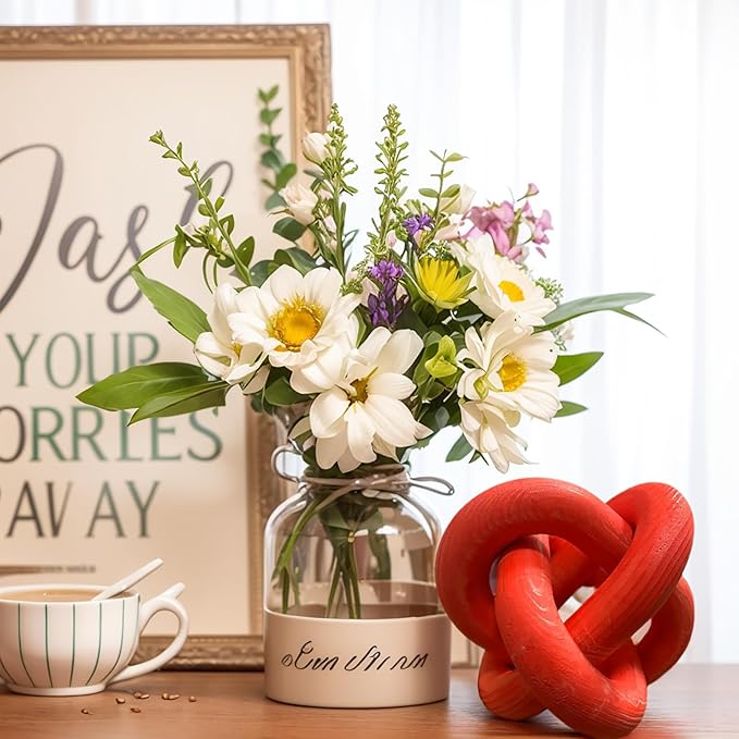 Wood Knot Decor -Coffee Table Decor Shelf Decor Table Books Hand Carved Home Decoration Boho Country Rustic Modern Shabby Chic Style Decor 3 Link Wooden Knot Chain Link Decor (Wine Red)