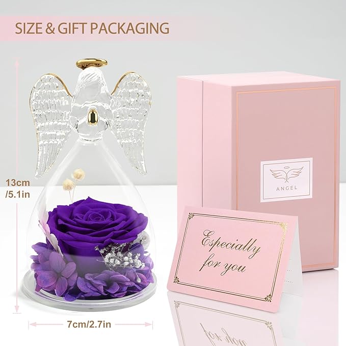 Yamonic Mom Birthday Gifts for Mom Grandma, Angel Figurines with Real Rose Gifts for Women Moms, Preserved Flowers Rose Glass Angel for Mothers Day Christmas Valentine's Day Gifts for Her(Purple)
