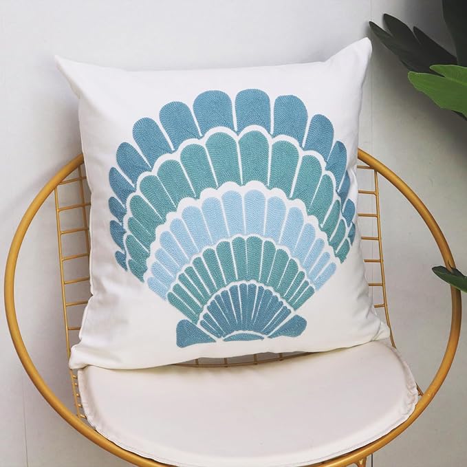1 PCS Embroidered Throw Pillow Cover Cotton Decorative Square Cushion Cases for Home Sofa Bed and Chair 18 x 18 Inch (Blue Shell-2)