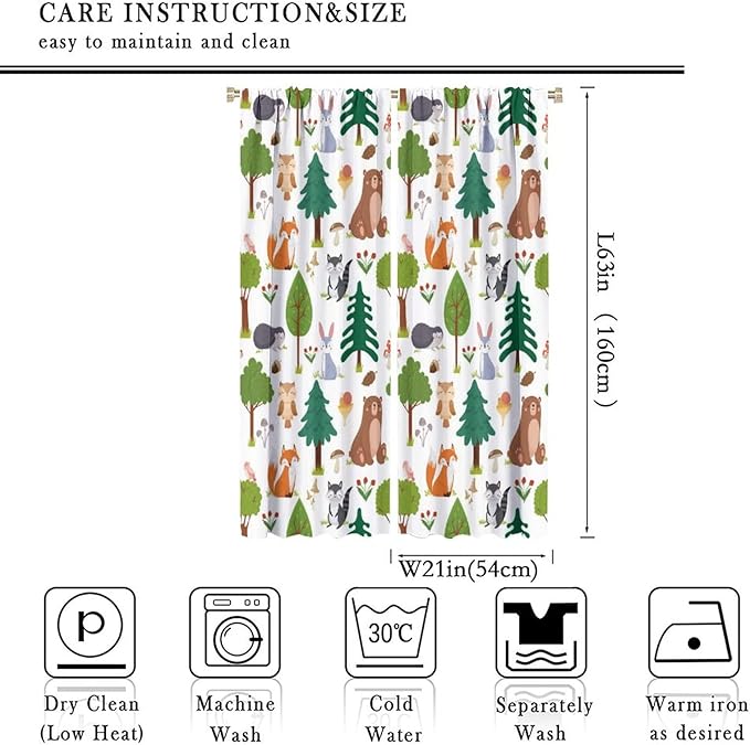 Kids Forest Animals Curtains Woodland Children's Cute Cartoon Funny Nursery Jungle Safari Leaves Nature 2 Panels Window Treatment Set for Living Room Decor 42X63 Inches