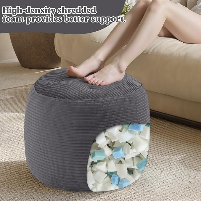 MeMoreCool Stuffed Round Pouf Ottoman Foot Rest, Floor Pouf Foot Stool with Soft Foam Chunk Filling, Round Small Ottoman Footstool Circle Footrest for Couch Living Room, Corduroy Grey