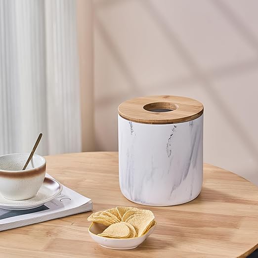 Polytree Marble White Mini Trash Can with Bamboo Lid,Small Countertop Trash Can,Desk Trash Can,Table top Mini Garbage Cans,Resin Tiny Waste Basket