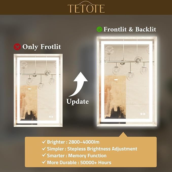 TETOTE 60 x 28 Large Bathroom Mirror Brushed Nickel Metal Frame Frontlit & Backlit Vanity Mirror 3 Colors White/Warm/Natural Stepless Dimmable Anti-Fog Bathroom Mirrors for Vanity Wall-Mounted