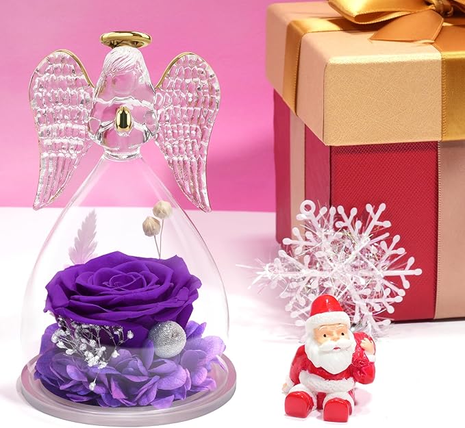 Yamonic Mom Birthday Gifts for Mom Grandma, Angel Figurines with Real Rose Gifts for Women Moms, Preserved Flowers Rose Glass Angel for Mothers Day Christmas Valentine's Day Gifts for Her(Purple)