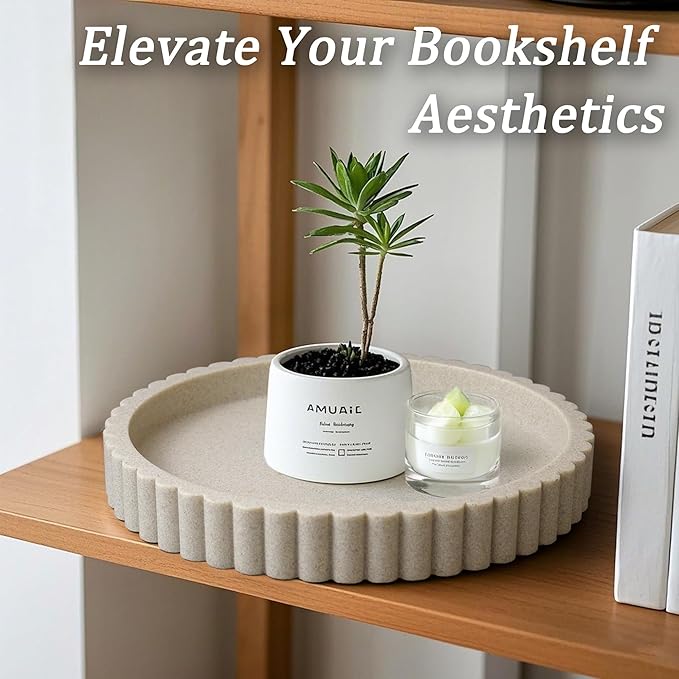 Decorative Coffee Table Tray, 11" Round Resin Coffee Table Centerpiece Tray for Home Decor, Modern Organizer for Living Room, Console or Dresser, Beige