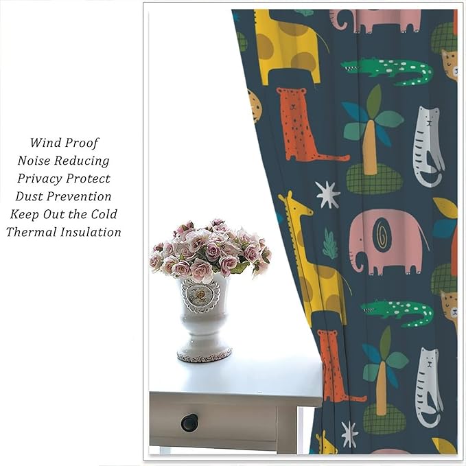 Nursery Safari Animals Curtains Baby Boy Kids Woodland Jungle Forest Lion Elephant Printed Curtains for Living Room Bedroom Window Drapes Fabric 2 Panels 42 (W) X 54(H) Inch