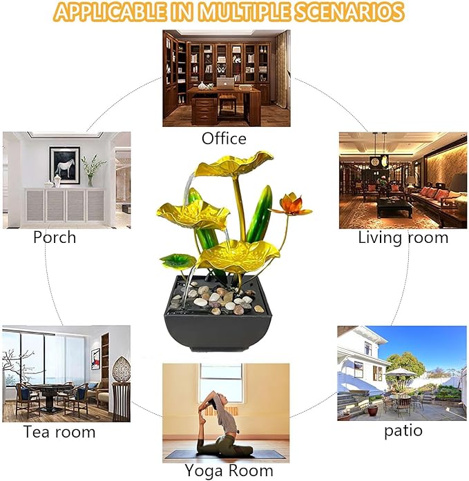 Desk Water Fountain Indoor Tabletop Mini Waterfall 3 Level Lotus Leaf Fountain Flowing Water Landscape Decor for Bedroom, Office, Living Room