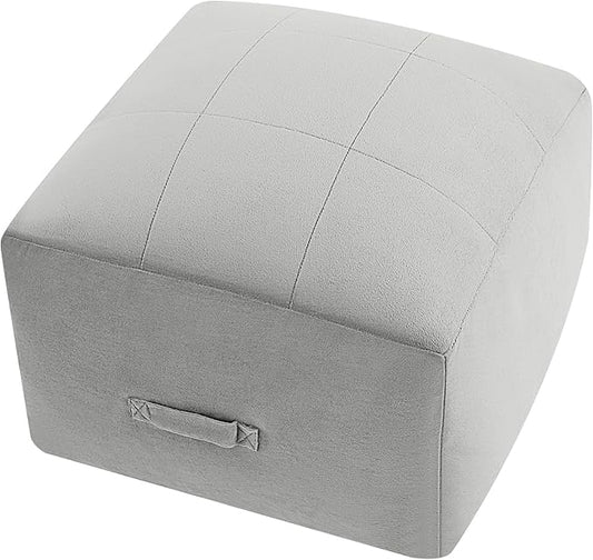 MeMoreCool Square Stuffed Pouf Ottoman Foot Rest, Floor Pouf Foot Stool with Foam Chunk Filling, Soft Stuffed Ottoman Footrest for Living Room, Light Grey