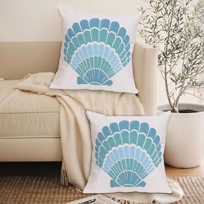 1 PCS Embroidered Throw Pillow Cover Cotton Decorative Square Cushion Cases for Home Sofa Bed and Chair 18 x 18 Inch (Blue Shell-2)