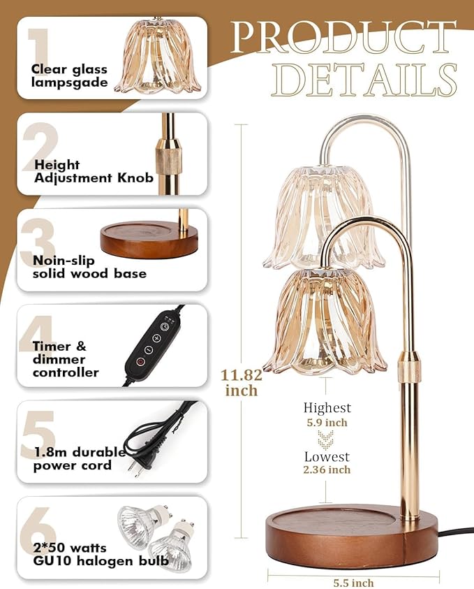 Candle Warmer Lamp, Gold Candle Lamp Warmer with Timer & Dimmer with 2 Bulbs, Birthday Gifts for Women Mom, Christmas Gifts, House Warming Gift New Home Bedroom Decor, Height Adjustable