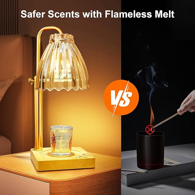 Candle Warmer Lamp with Timer Electric Wax Warmer for Scented Wax Melt Warmer Melter for Jar Candles Touch and Remote Control Dimmable Adjustable Height Gifts for Women 2 Bulbs,Flower Glass