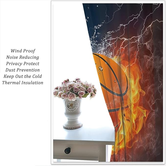 JESTRONRY Boys Basketball Curtains,Kids Sports Theme Fire Ball Water Flame Splashing Room Darkening Door Window Rod Pocket Curtain for Living Room Teen Men Bedroom Decor W52xL84in