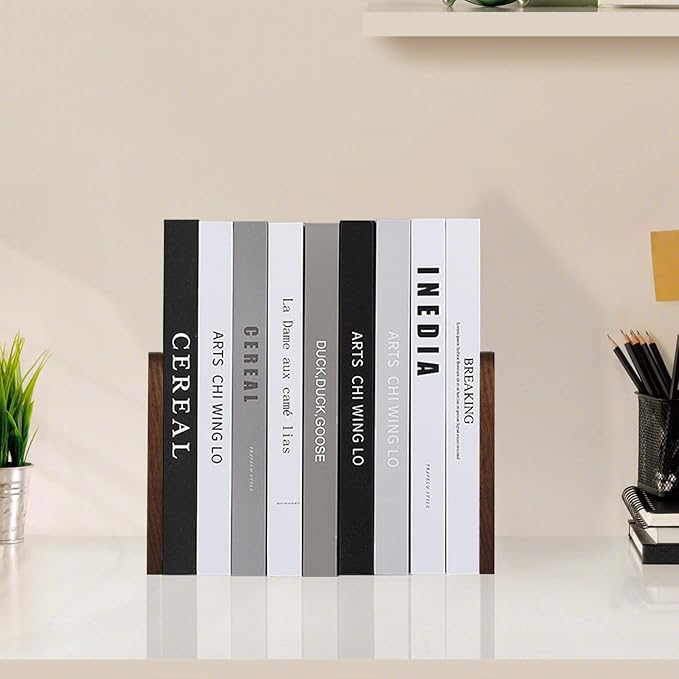 Book Ends, Black Walnut Wooden Bookends for Shelves - Heavy Duty Non-Slip Book Organizers, Upgraded Decorative Bookend Holders for Home, Kitchen, Office, Set of 2, Medium