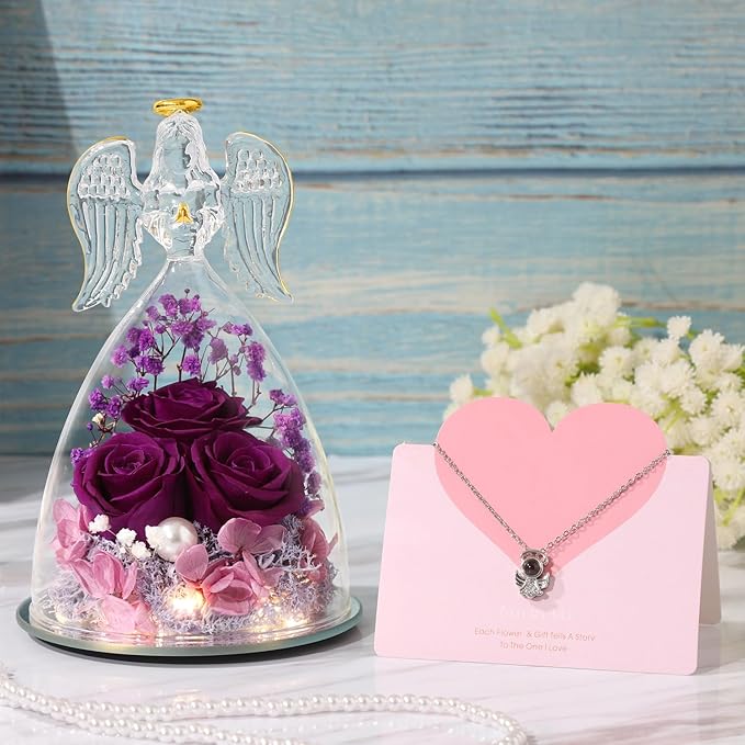 ANWEAO Mothers Day Flower Gifts for Mom,Angel Rose Gifts for Women,Glass Angel Figurine with Preserved Three Purple Roses,Forever Flowers Mothers Day Birthday Gifts for Women Mom Grandma Wife Her